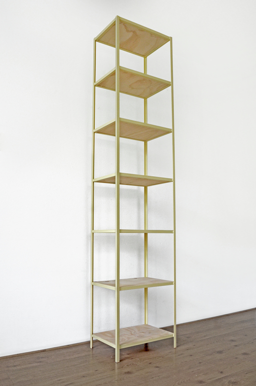 Metal welded frame from L profile with plywood planks. Can be used as a bookshelf or just for storage or display.