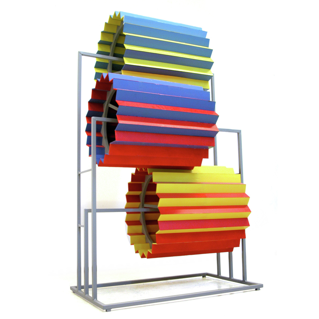 By turning one of the wheels the rest also starts to turn and the colours blend together. ( steel, wood, foam-board,  h:200 w:100 d:70 cm )