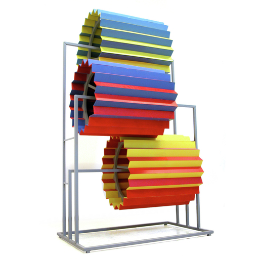 By turning one of the wheels the rest also starts to turn and the colours blend together. ( steel, wood, foam-board,  h:200 w:100 d:70 cm )