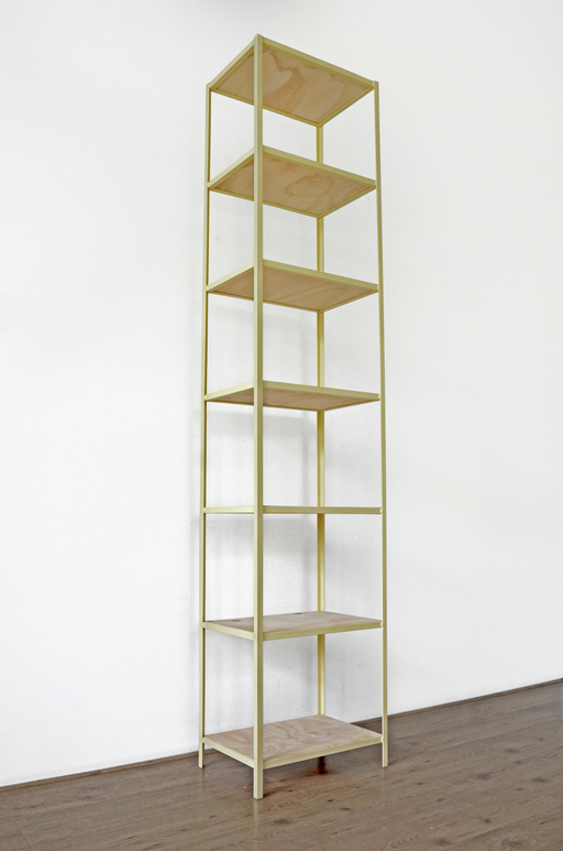 Metal welded frame from L profile with plywood planks. Can be used as a bookshelf or just for storage or display.